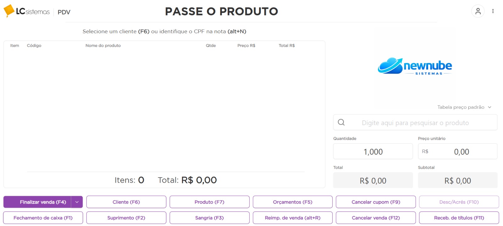 Painel real do New Nube — PDV ágil